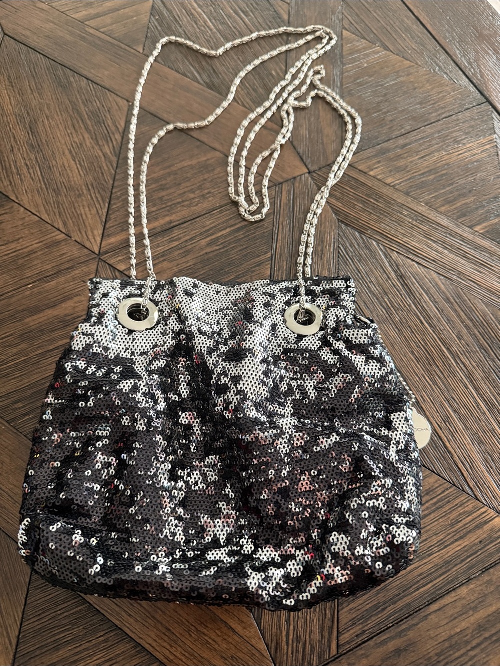 Vintage Big Buddha Black Silver Sequin Bucket Shoulder Bag Convertible Chain